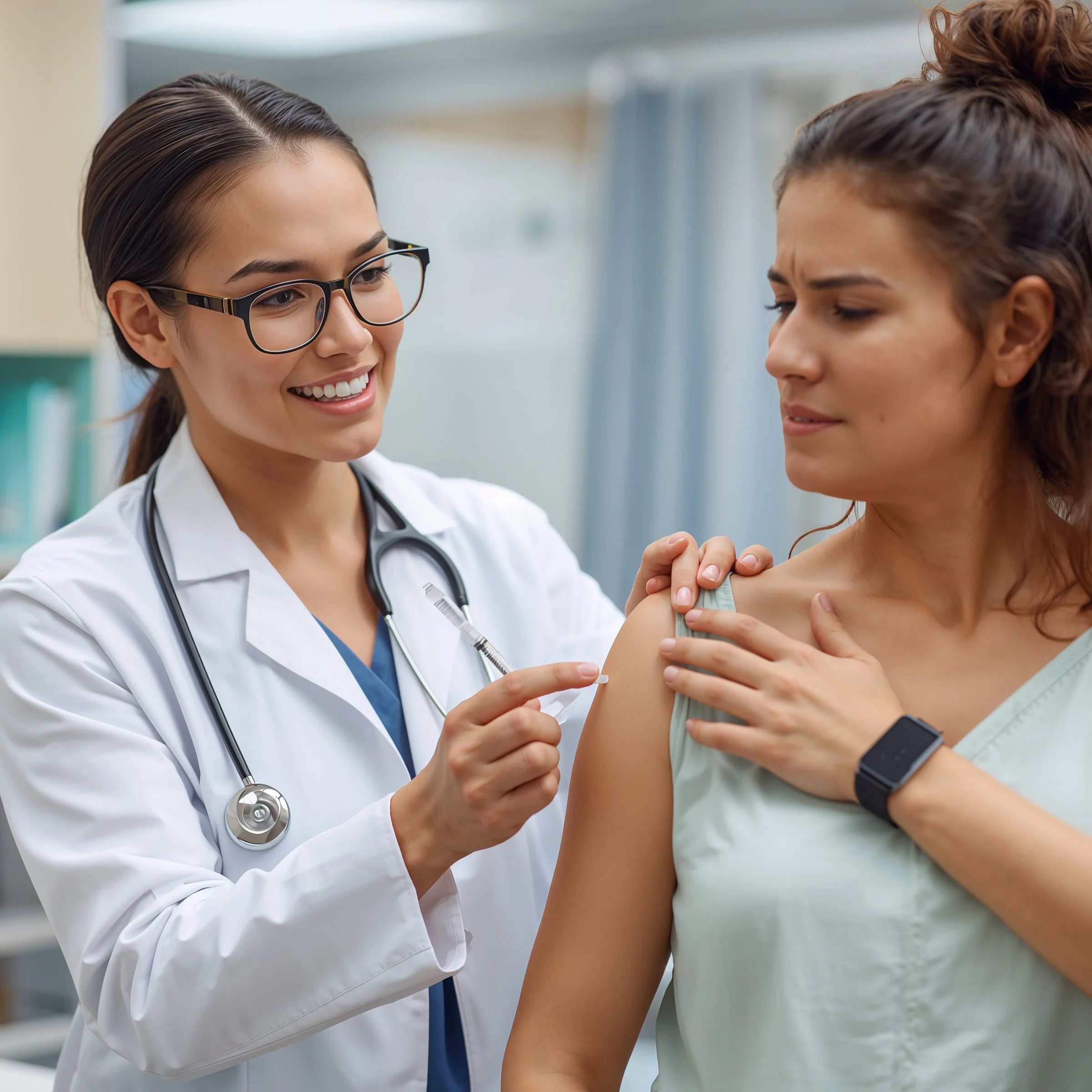 A female healthcare professional administering a vaccine to a woman in a medical setting.