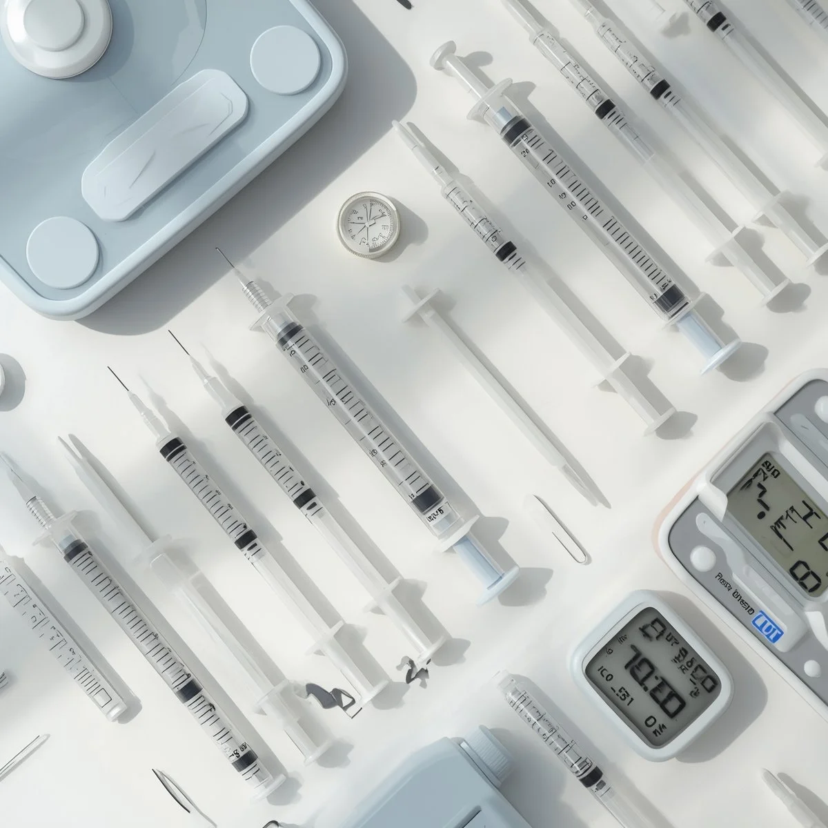 Medical syringes, a digital timer, a blood pressure cuff, and other medical tools on a white surface.