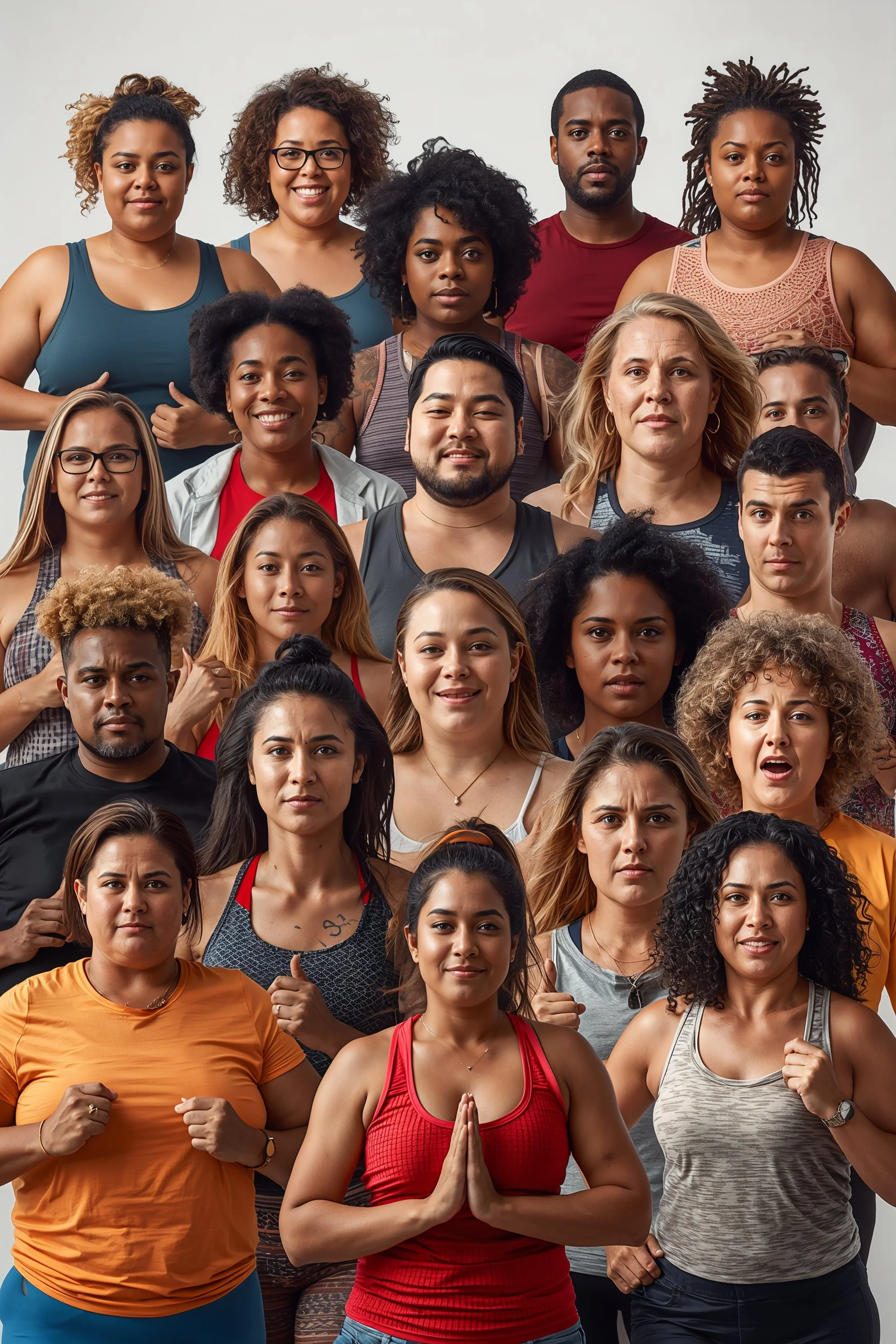 Group of diverse women and men standing together in fitness or yoga clothing, some showing peaceful or determined expressions, others looking serious or thoughtful, in a studio setting.
