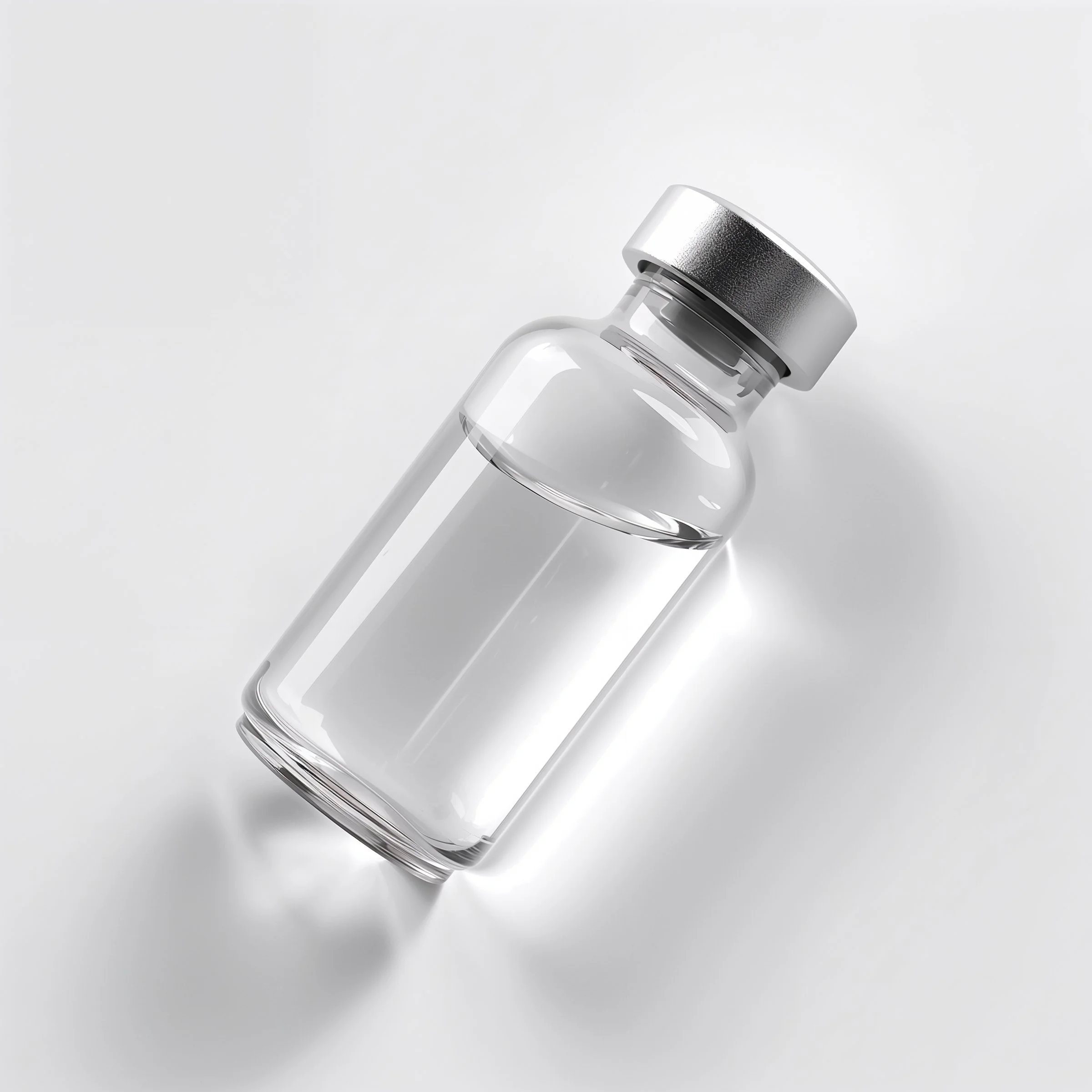 A clear glass vial with a silver cap lying on a white surface, filled with a transparent liquid.