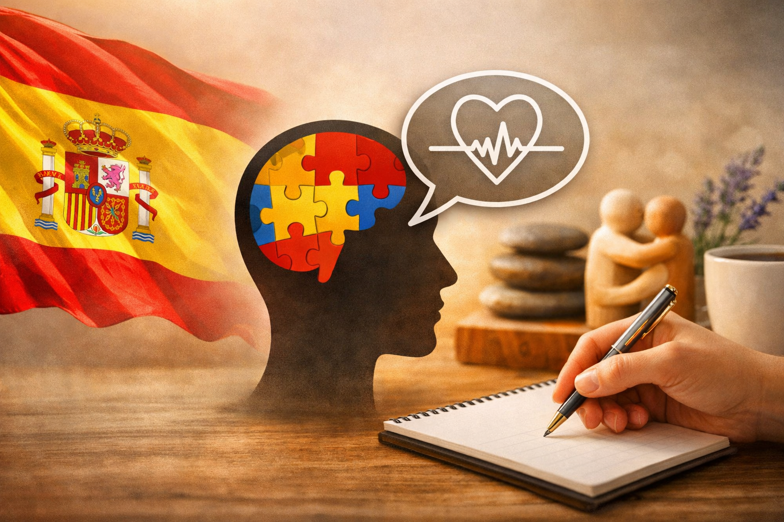 Silhouette of a person's head with a puzzle piece brain featuring the colors and pattern of the Spanish flag, with a speech bubble containing a heart and heartbeat line, and a background of the Spanish flag with a wooden table, stones, a small statue, a cup, and lavender plant.