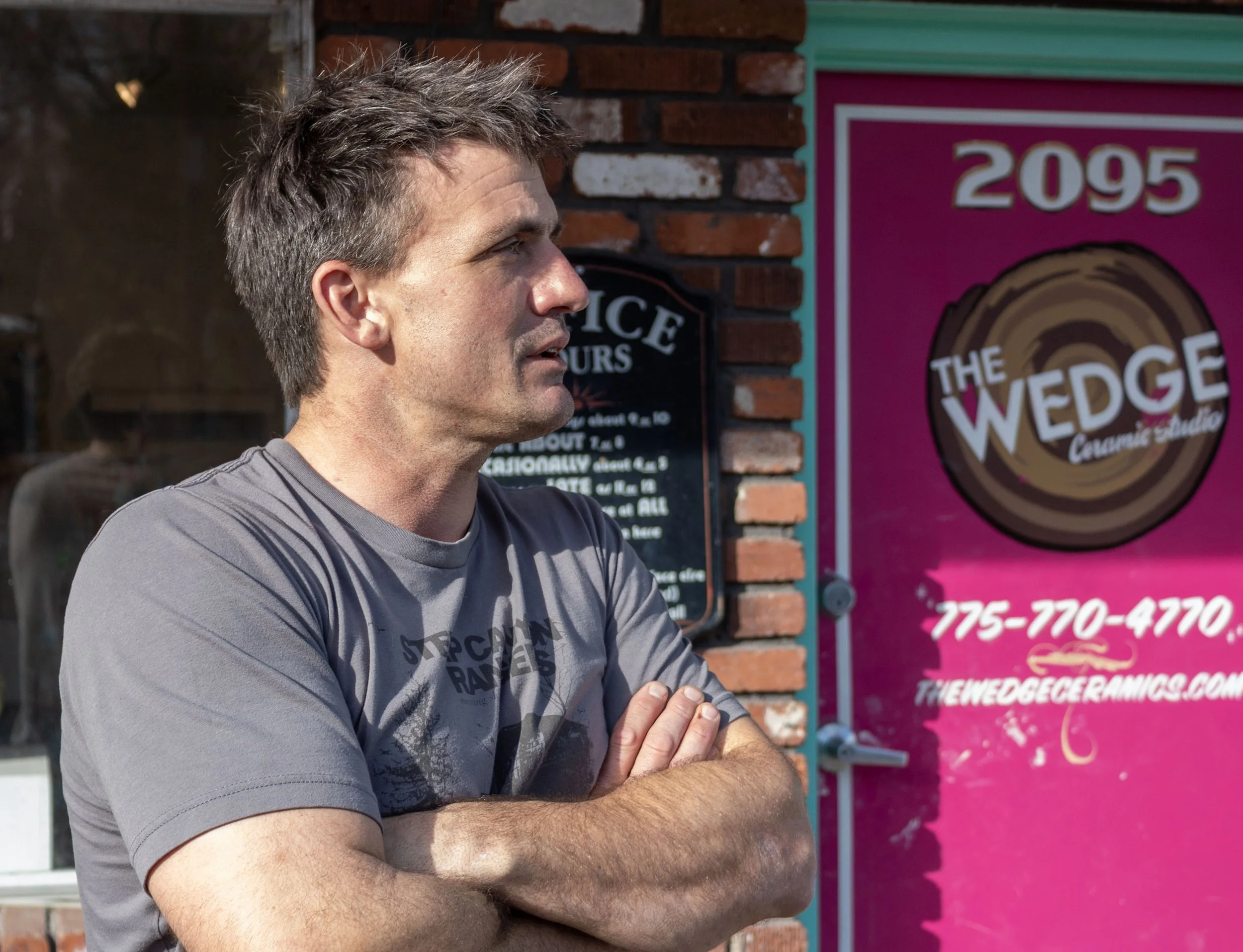 Sutter Stremmel stands outside The Wedge Studio in Reno, Nev., on Sunday, Dec. 7, 2025. Stremmel opened the pottery studio in 2007 with his wife, Samantha. He said, being repeatedly denied enrollment in ceramics courses at Montana State University be