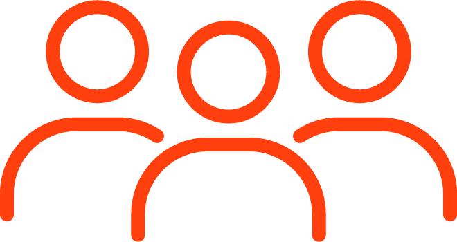Icon of three stylized human figures outlined in red, representing a group or community.