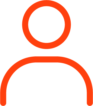 Icon of a person with a circular head and shoulders, outlined in red.