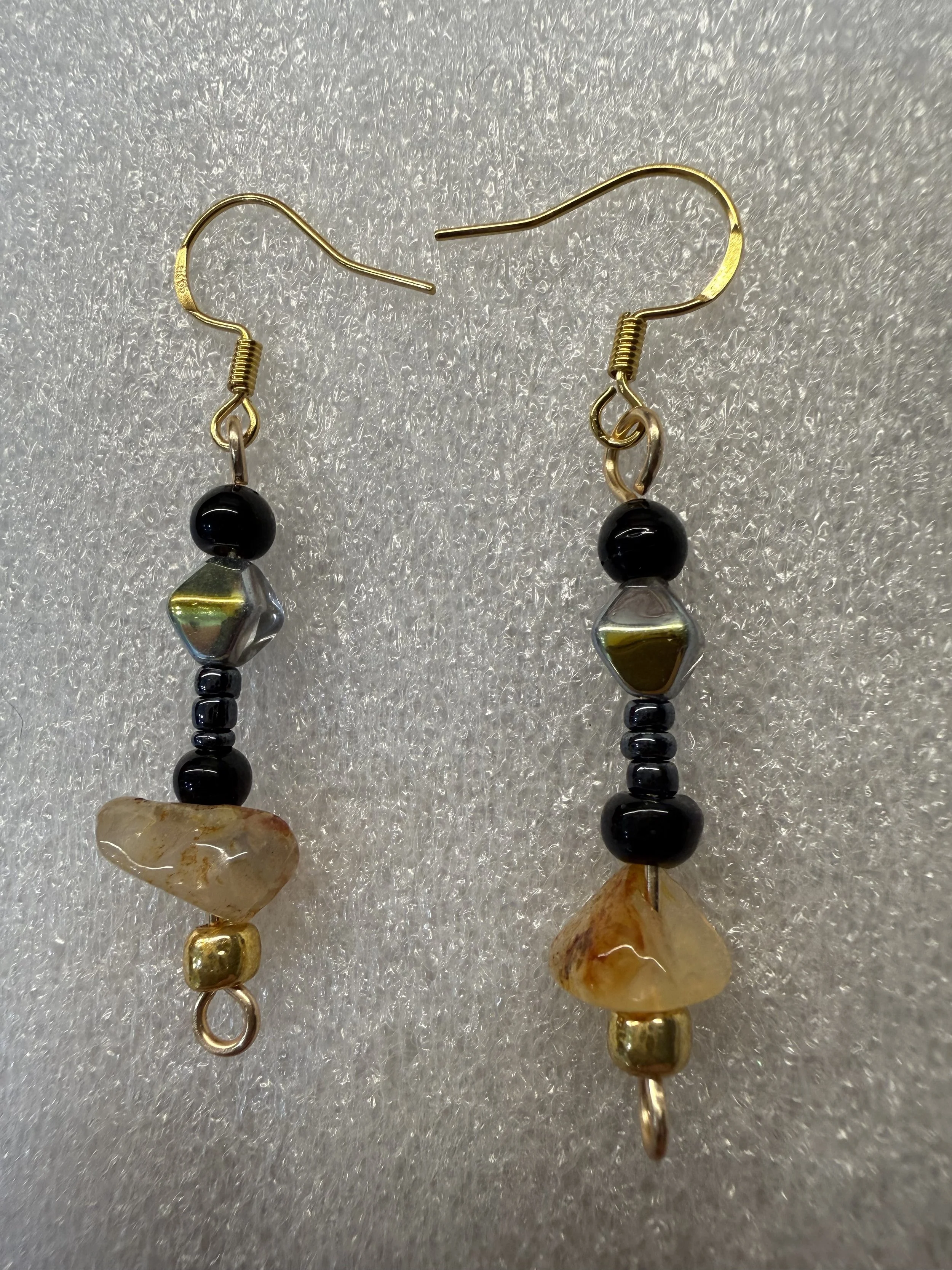 Black Glass and Yellow Quartz Earrings