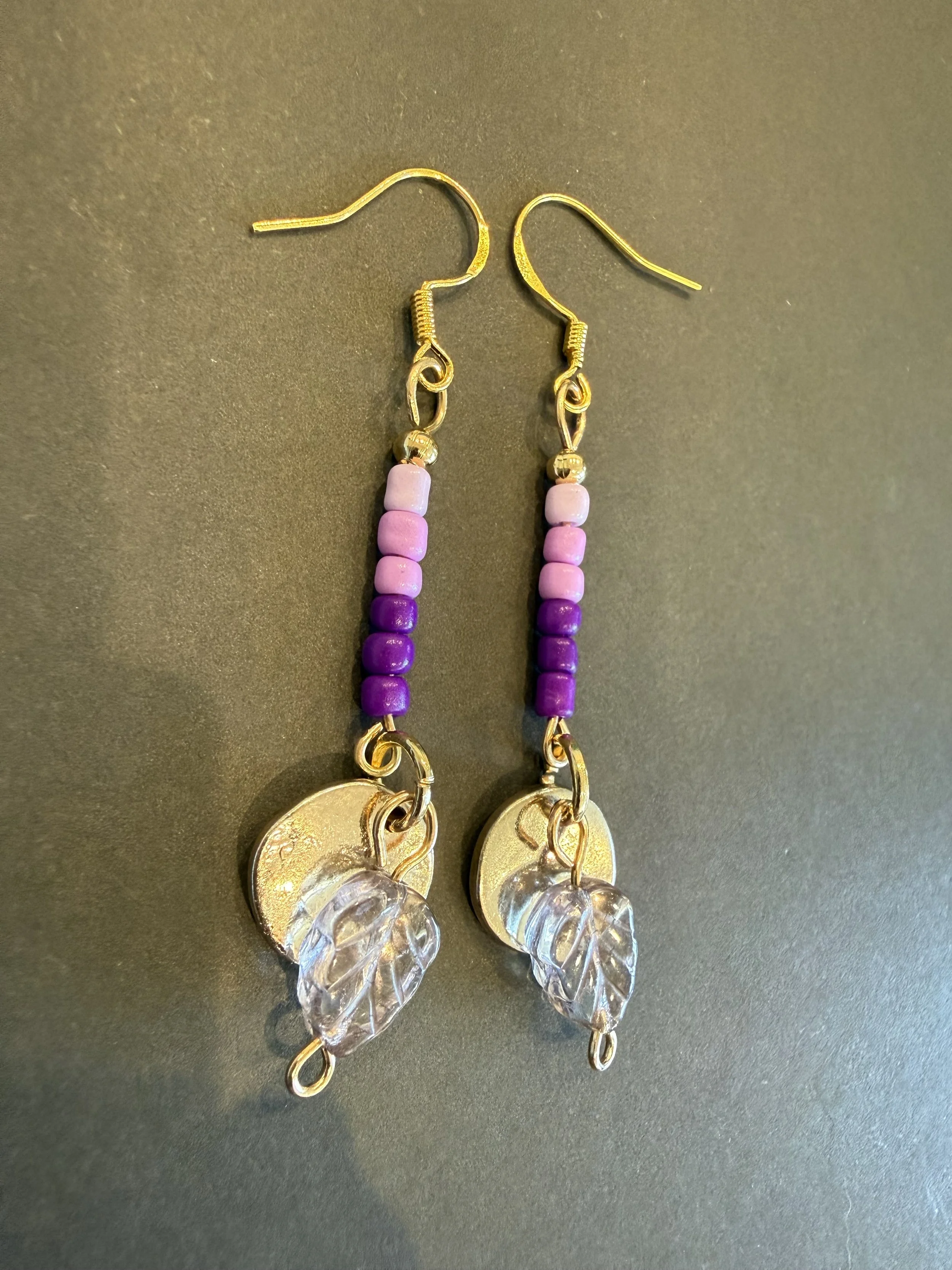 Elegant Gold-Tone & Purple Bead Earrings with Glass Leaf