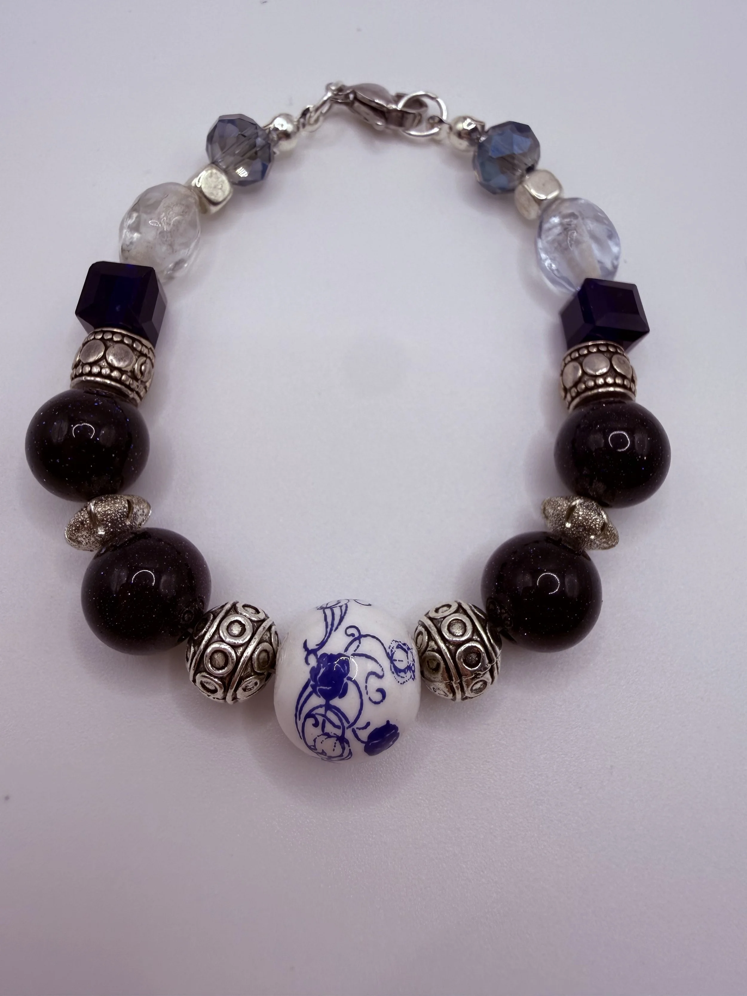 Dark Blue Sunstone & Porcelain Bead Bracelet