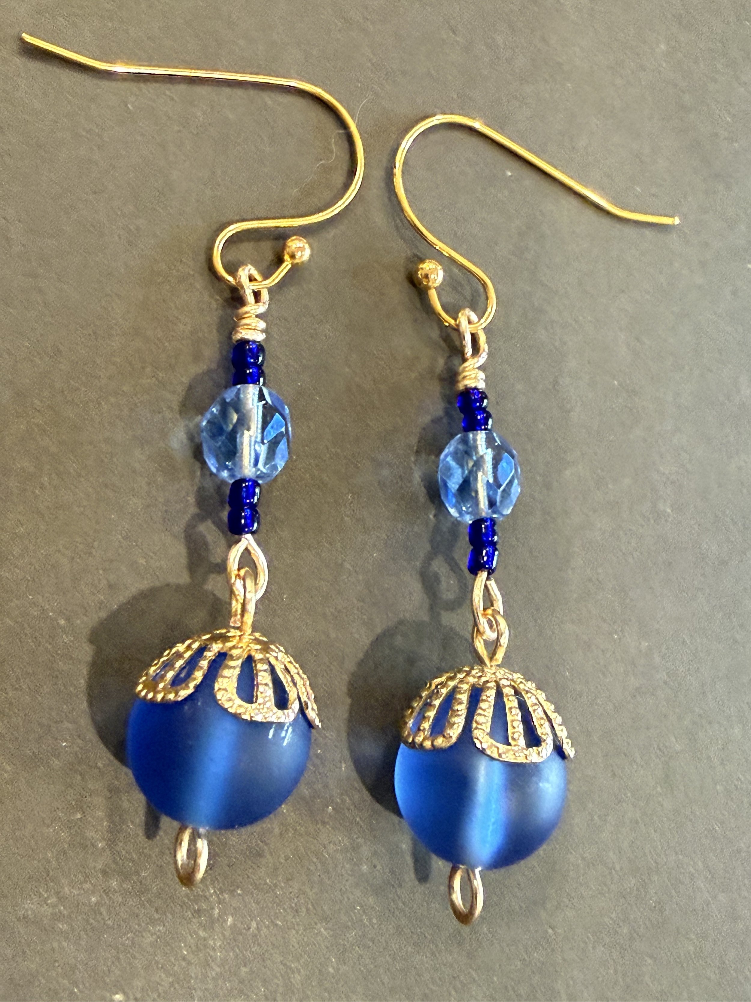 Sapphire Elegance: Glass Beaded Earrings with Gold Accents