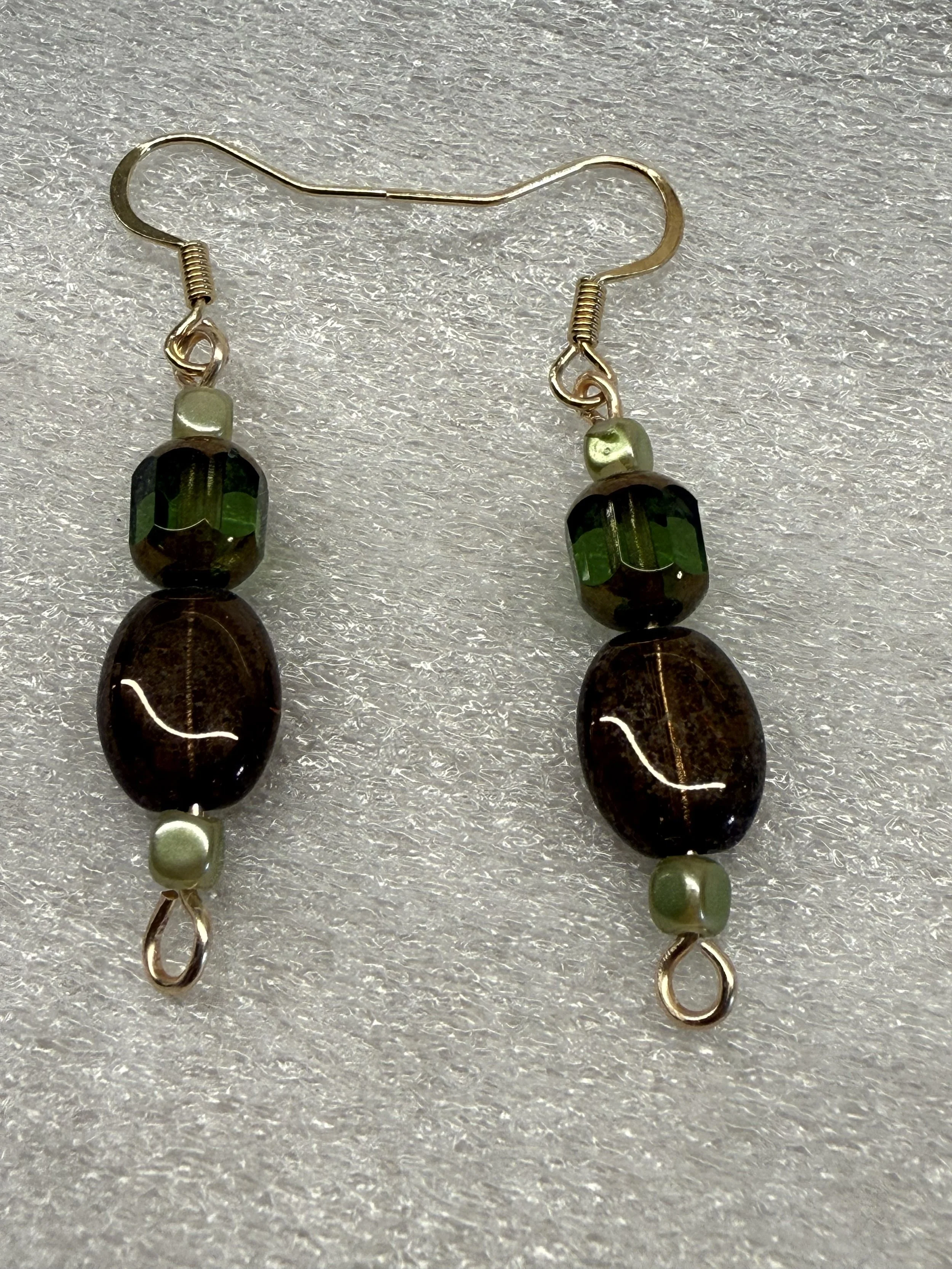 Emerald Cathedral Bead Earrings with Bronze Accents