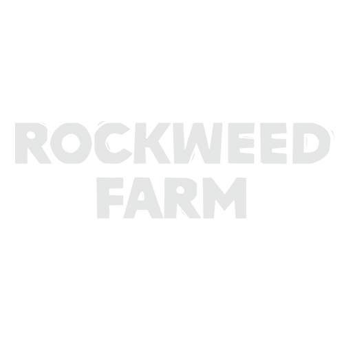 Logo for Rockweed Farm with a stylized design and bold lettering on a black background.