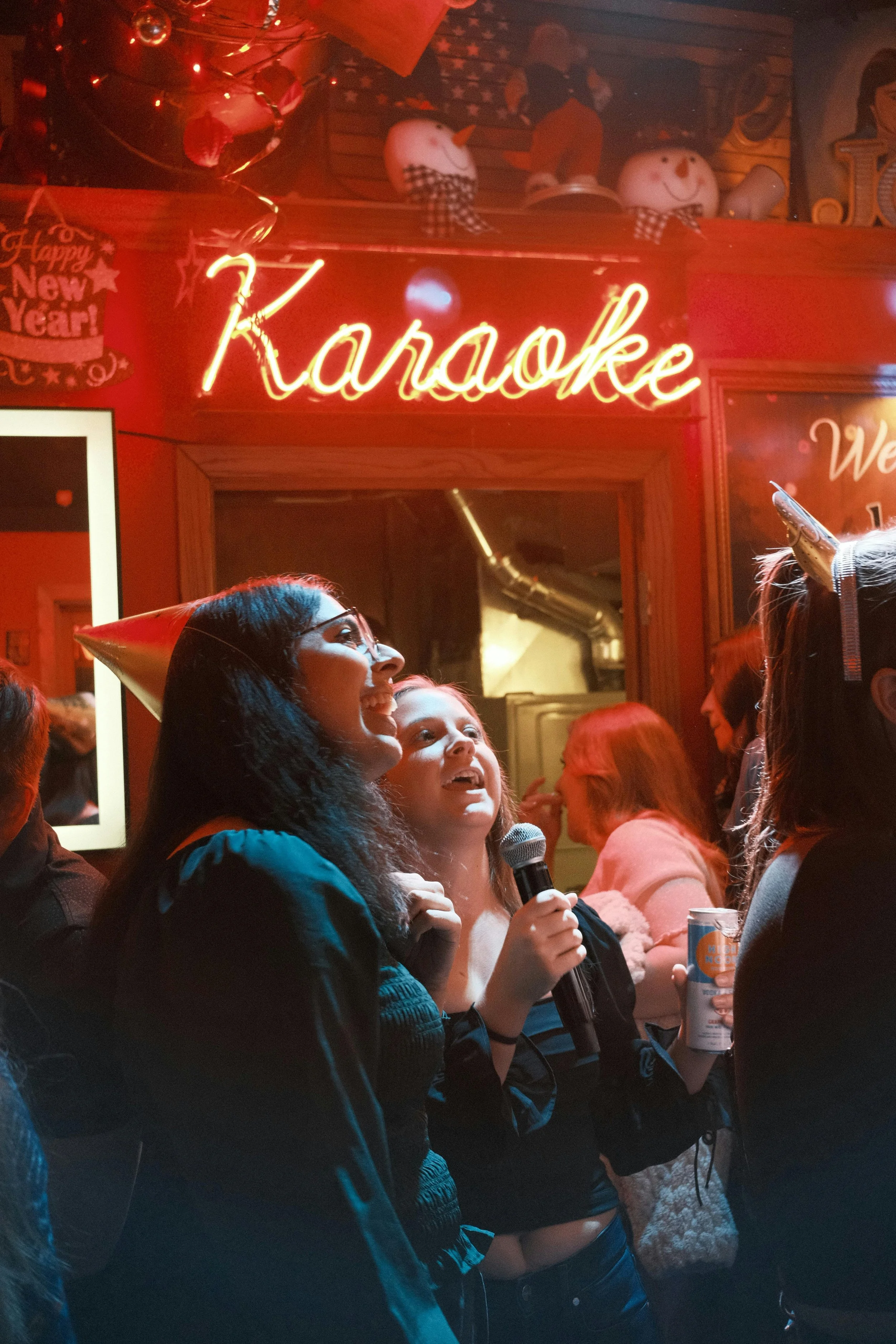 Two women having fun doing karaoke