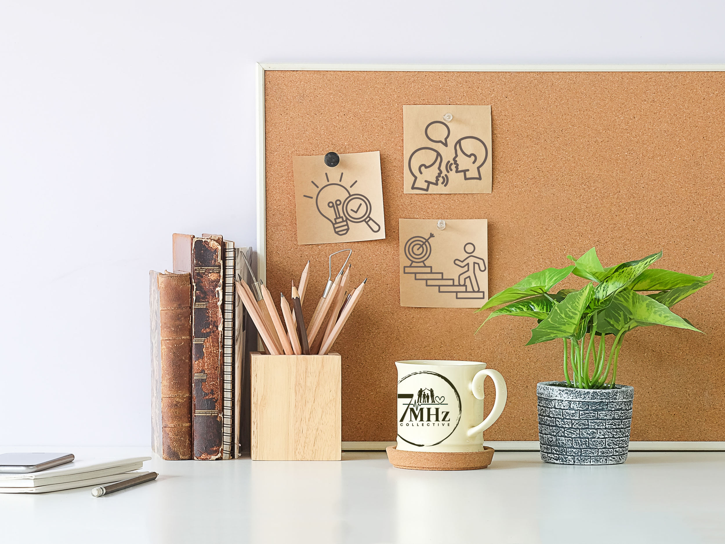 Desk with books, pencils, a coffee mug, a potted plant, and a corkboard with sketches of ideas and goals.