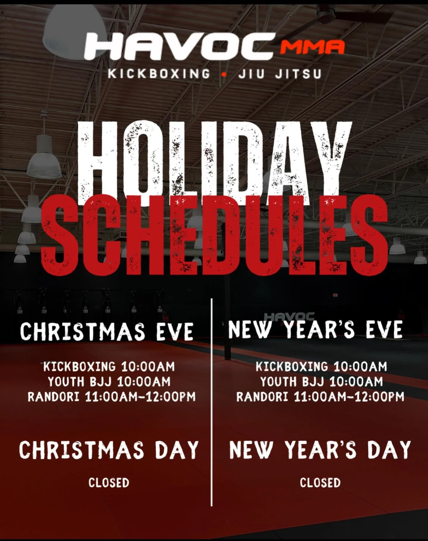 Holiday schedule.
See you on the mats. Peace.