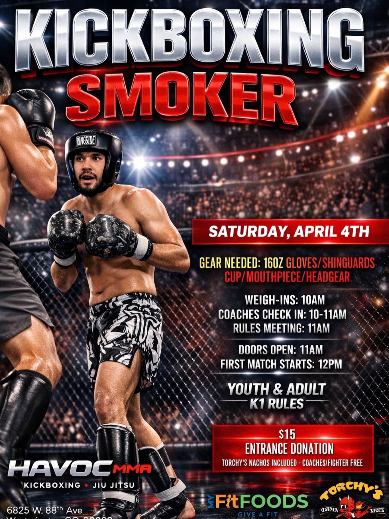 Fighter Info:
&bull; Weigh-ins: 10:00 AM
&bull; Coaches Check-In: 10:00&ndash;11:00 AM
&bull; Rules Meeting: 11:00 AM

Event Schedule:
&bull; Doors Open: 11:00 AM
&bull; First Match: 12:00 PM

🎟 $15 Entrance Donation
(Coaches &amp; Fighters Free)

?