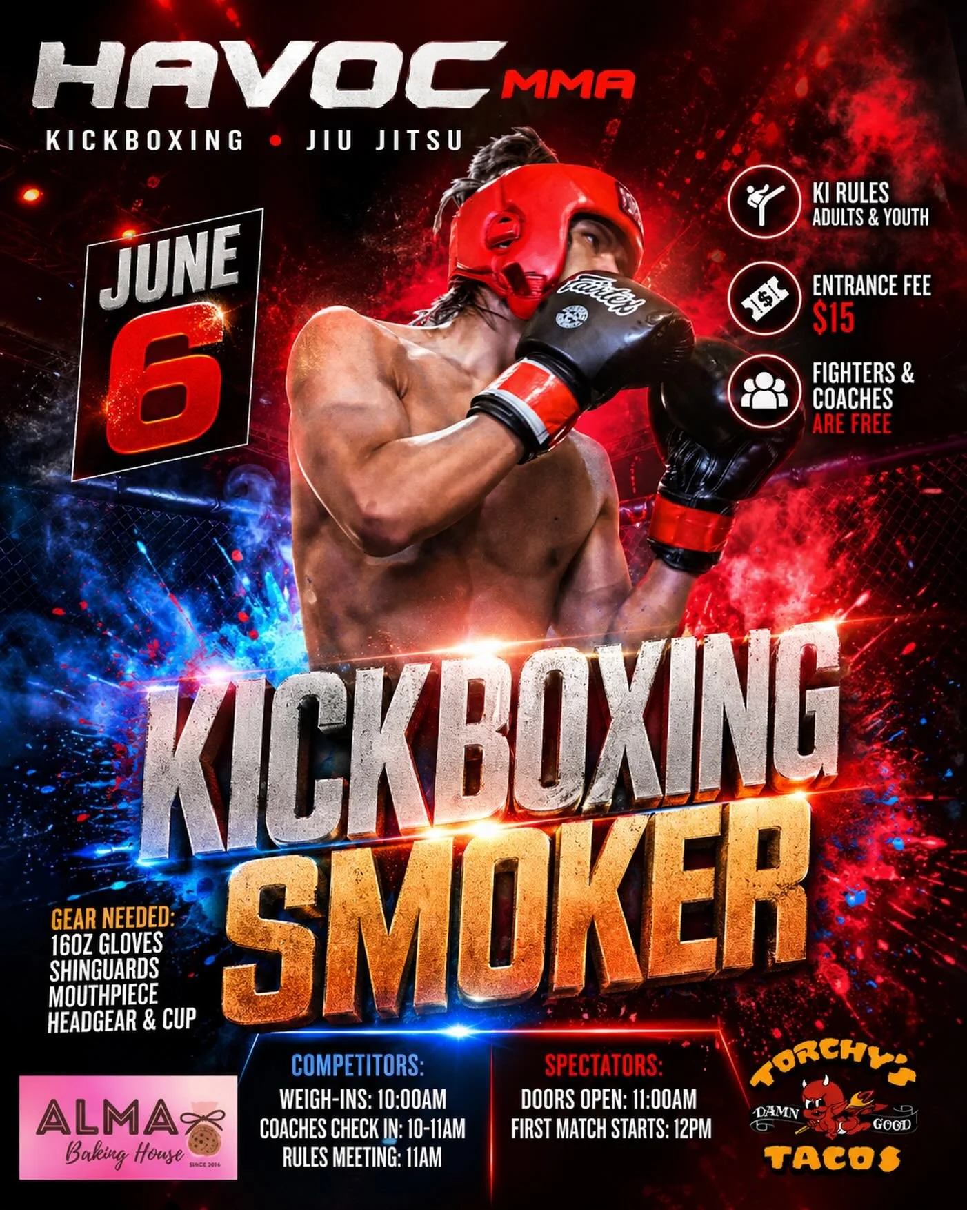 📅 Saturday, June 6th

⏰ SCHEDULE:
&bull; Weigh-ins: 10:00AM
&bull; Coaches Check-In: 10&ndash;11:00AM
&bull; Rules Meeting: 11:00AM
&bull; Doors Open: 11:00AM
&bull; First Match: 12:00PM

🎟️ Entrance Fee: $15
(Fighters &amp; Coaches: FREE)

🥊 Gear