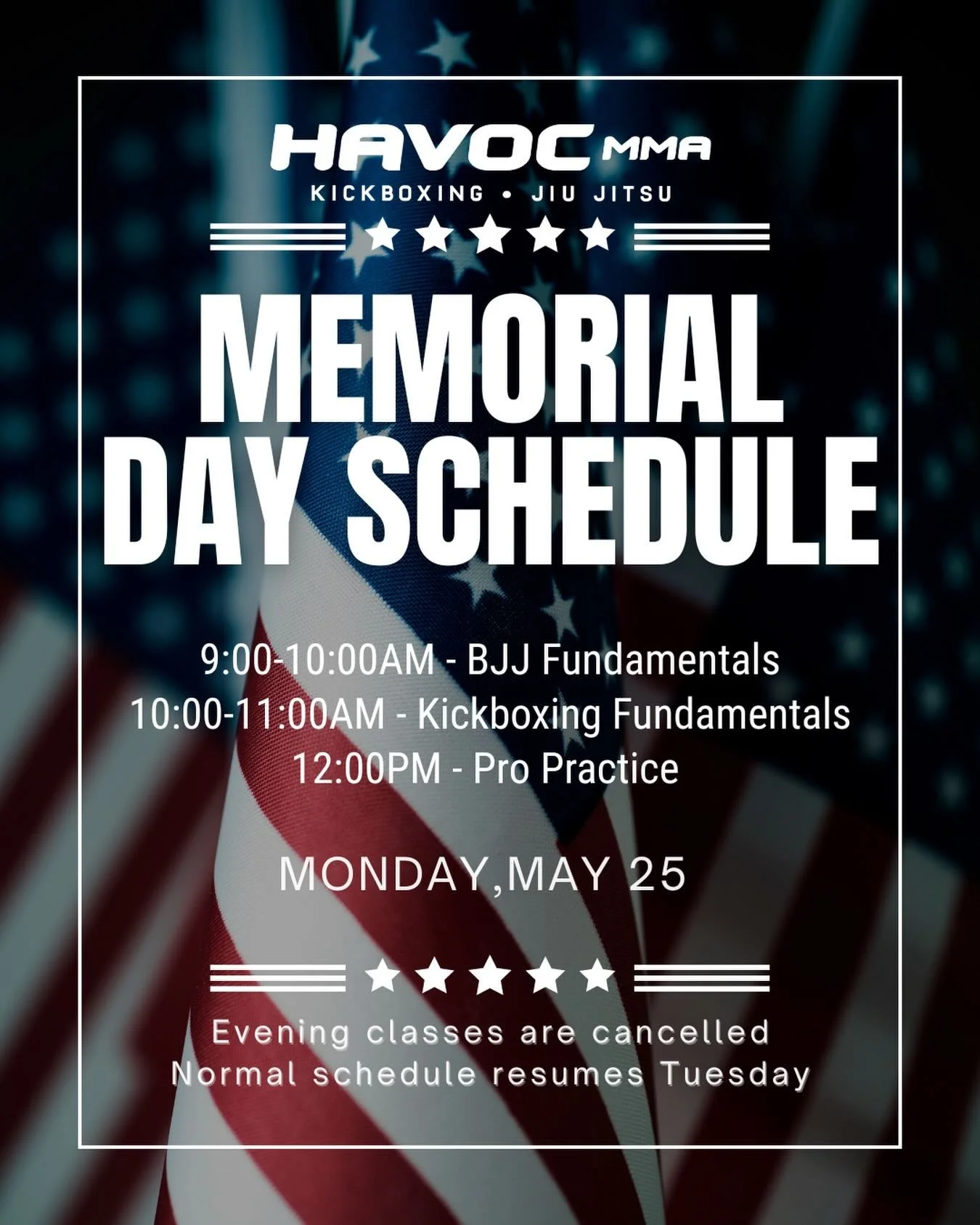 🇺🇸 Memorial Day Schedule 🇺🇸

We&rsquo;ll be running a modified schedule this Monday, May 25:

9:00&ndash;10:00 AM &mdash; BJJ Fundamentals
10:00&ndash;11:00 AM &mdash; Kickboxing Fundamentals
12:00 PM &mdash; Pro Practice

Evening classes are can