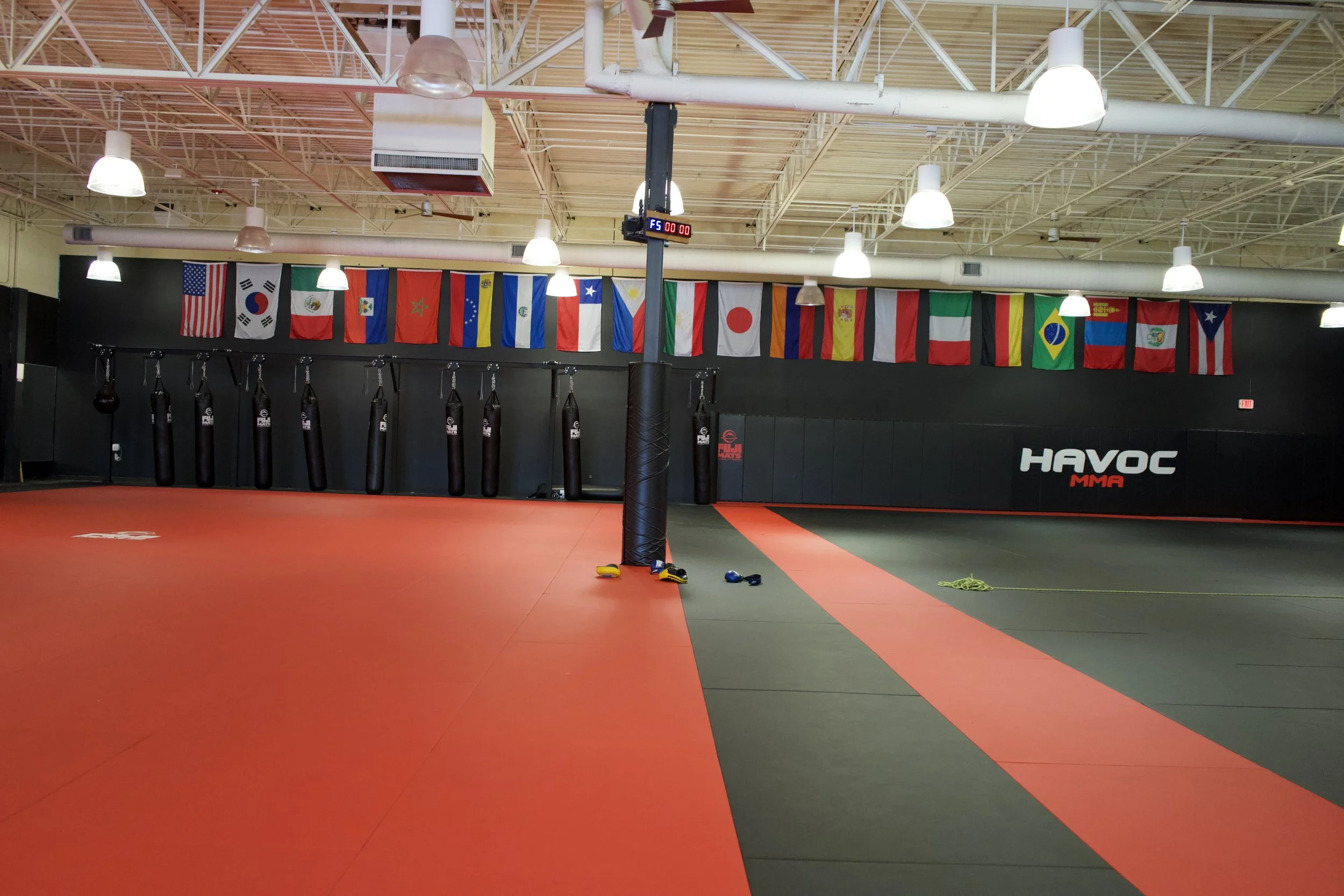 Empty martial arts training gym with flags from various countries hanging on the wall, punching bags on display, and a section of mats for training.