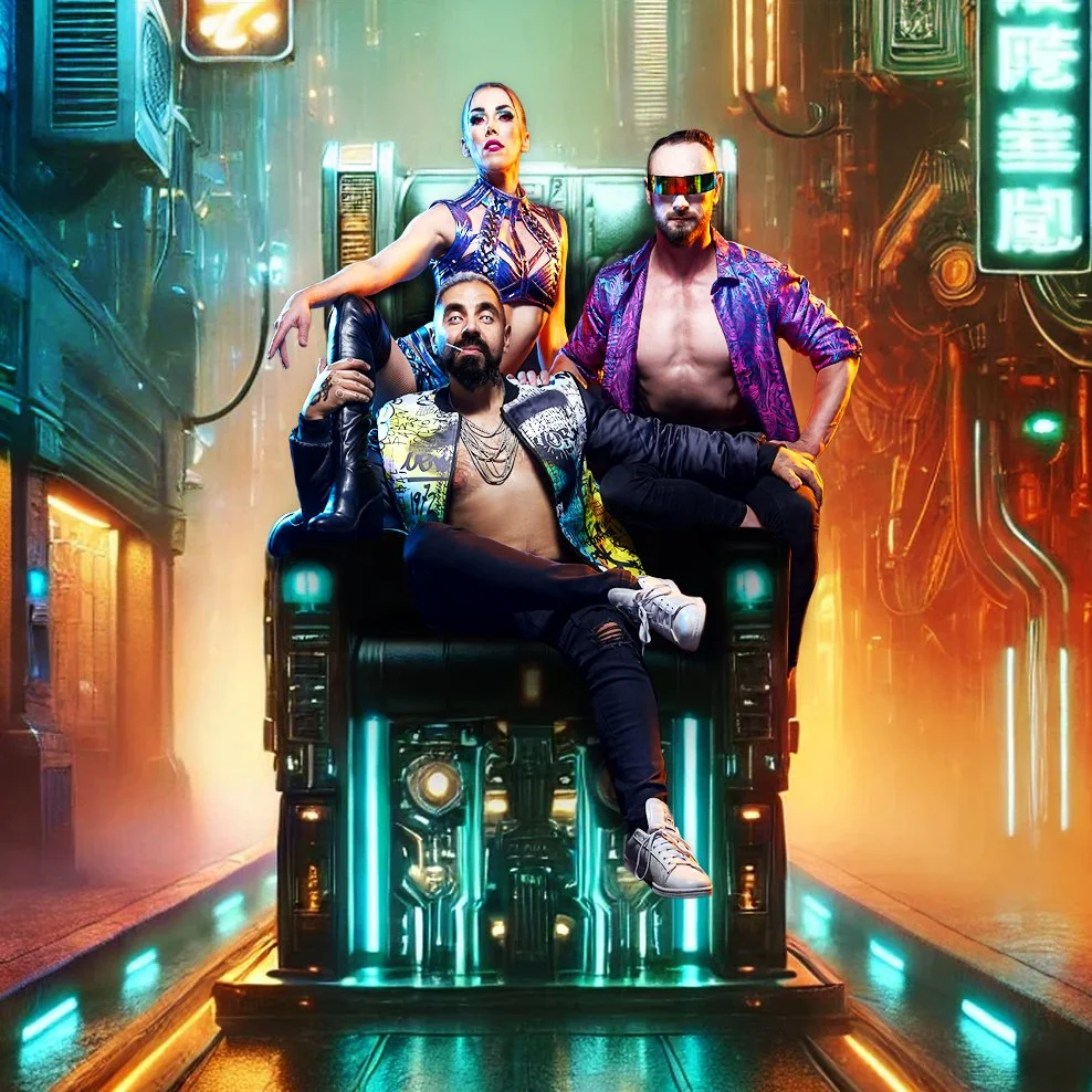Three people in futuristic, cyberpunk-inspired clothing and accessories in an neon-lit alleyway with metallic and electronic elements.