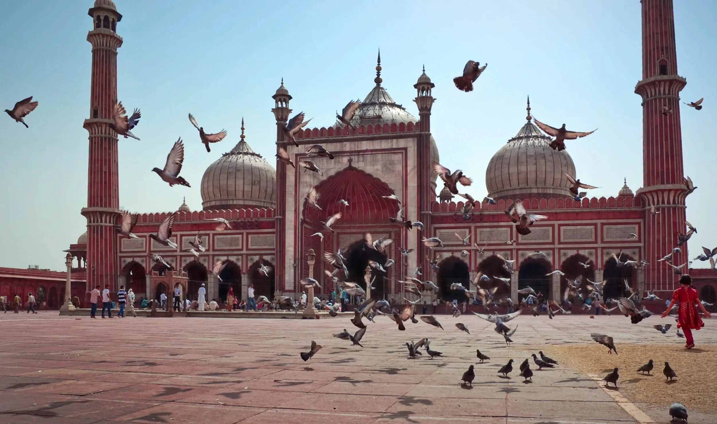 A large pink and white mosque with multiple domes and minarets, people walking in the courtyard, and pigeons flying and on the ground in front.