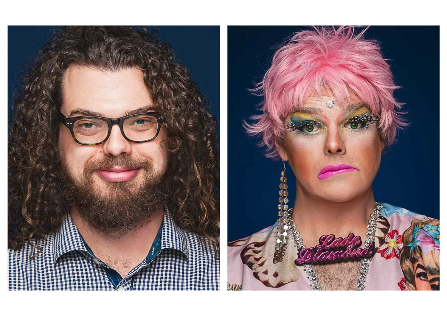 Side-by-side portrait photos of two individuals. The person on the left has long, curly brown hair, glasses, a checkered shirt, and a beard. The person on the right has short pink hair, vibrant makeup, a floral top, earrings, and a necklace with a pi
