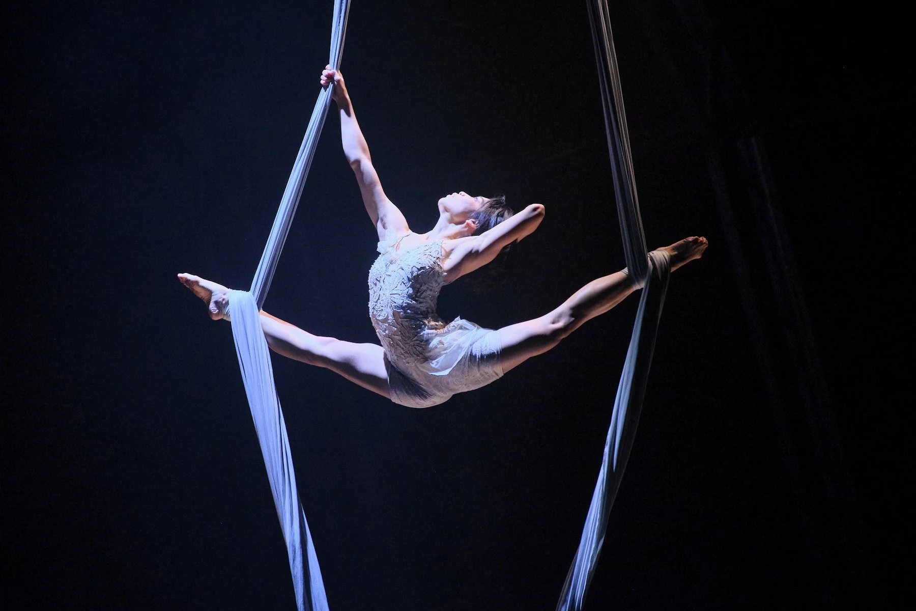 Aerial silk performer doing a split in mid-air against a dark backdrop.