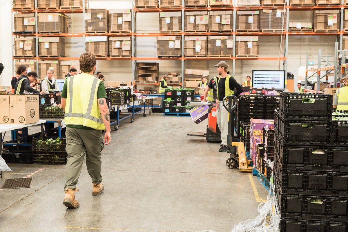 Warehouse workers wearing yellow safety vests are working at tables with produce and supplies, with shelves filled with boxes and crates in the background.