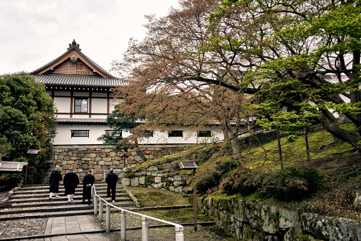 Four people, dressed in traditional Japanese clothing, walking up stone steps toward a traditional Japanese building surrounded by trees with autumn foliage.