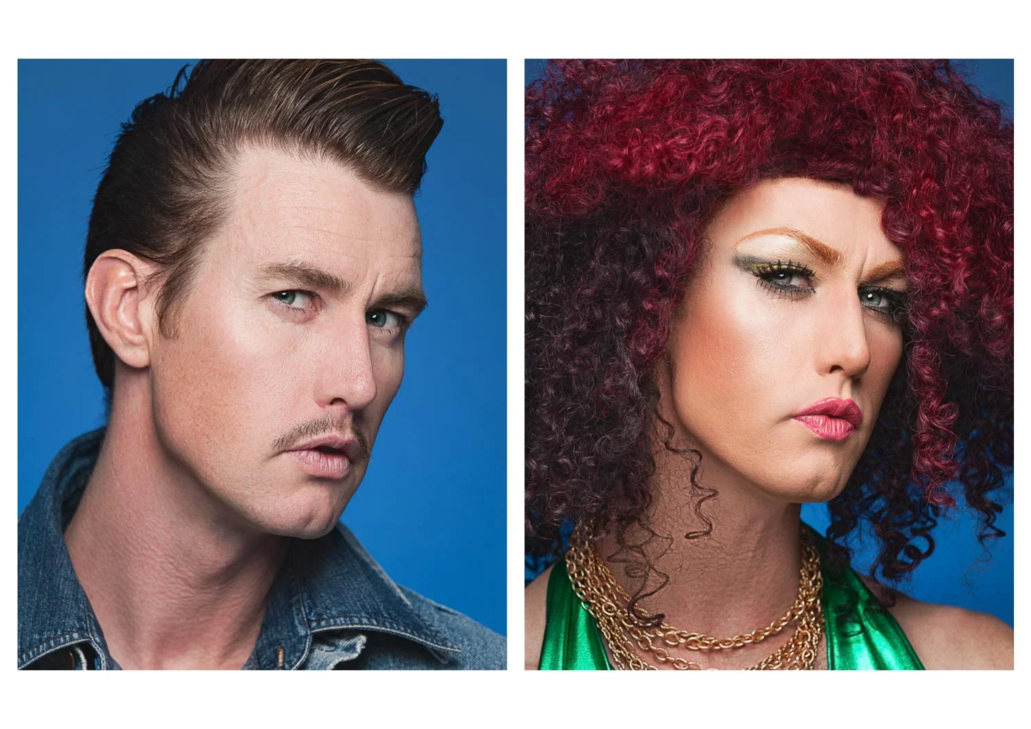 A side-by-side comparison of a man and a woman against a blue background. The man has short, styled brown hair, light skin, and is wearing a denim jacket. The woman has voluminous, curly red hair, light skin, makeup with bold eye makeup and pink lips