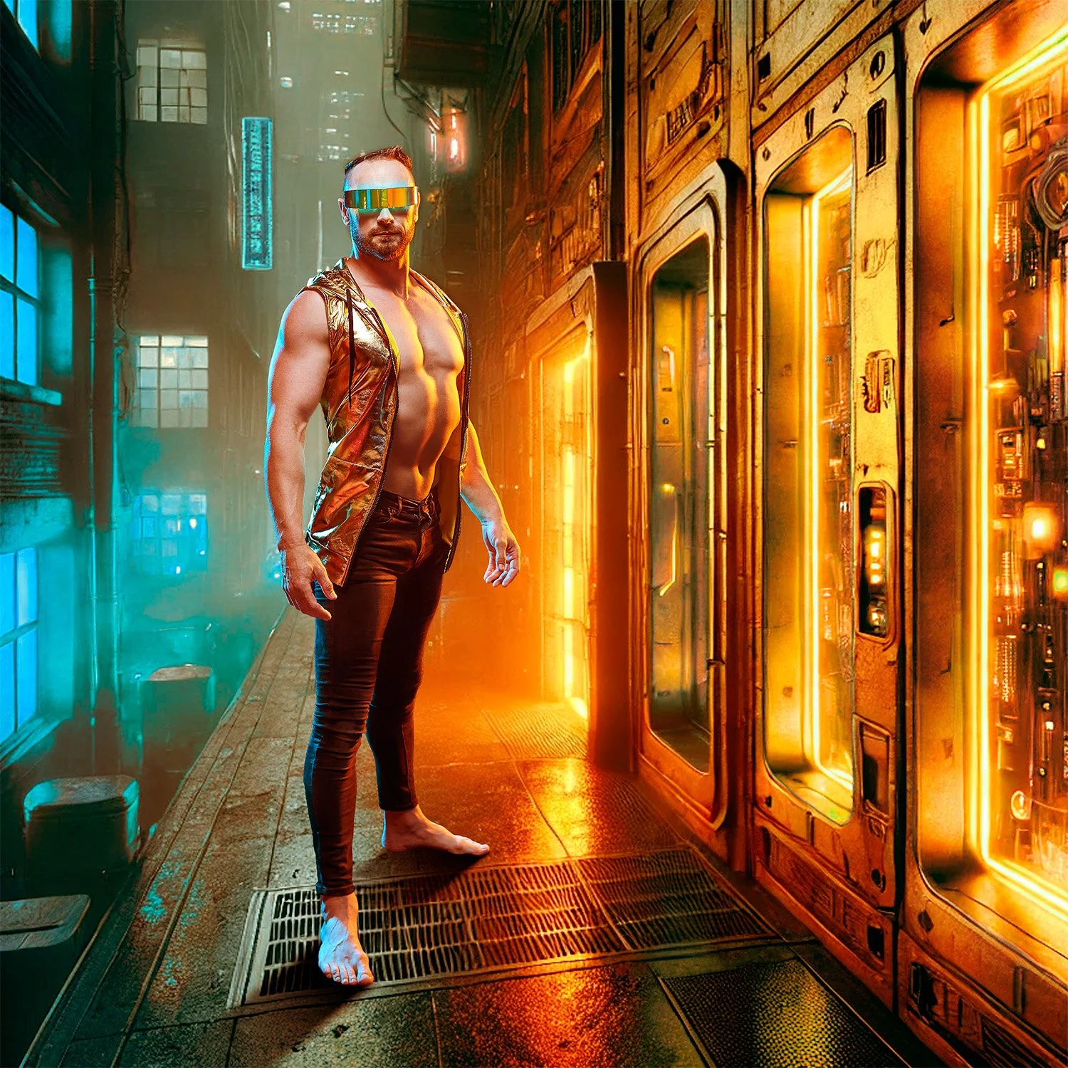 A futuristic scene with a shirtless man wearing reflective glasses and a metallic vest standing in a neon-lit alley with vending machines and glowing cityscape.