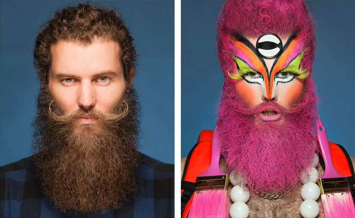 Side-by-side photos of two men with beards, one with a brown beard and the other with a pink-bearded makeup look and colorful makeup, wearing vibrant accessories.