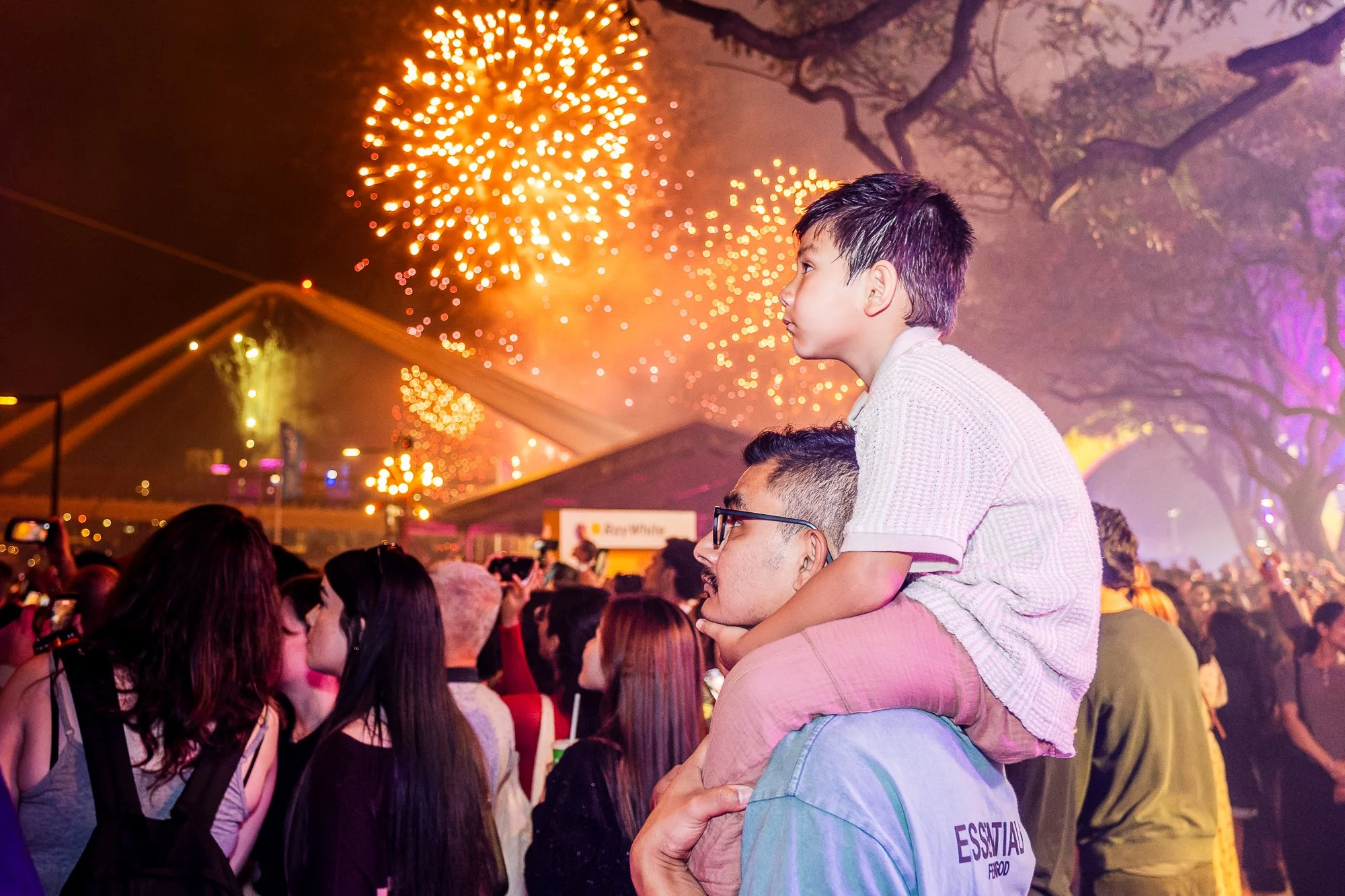A young boy sitting on an adult's shoulders watching fireworks at night. There is a crowd of people around, and the sky is illuminated with colorful fireworks. Trees are visible in the background.