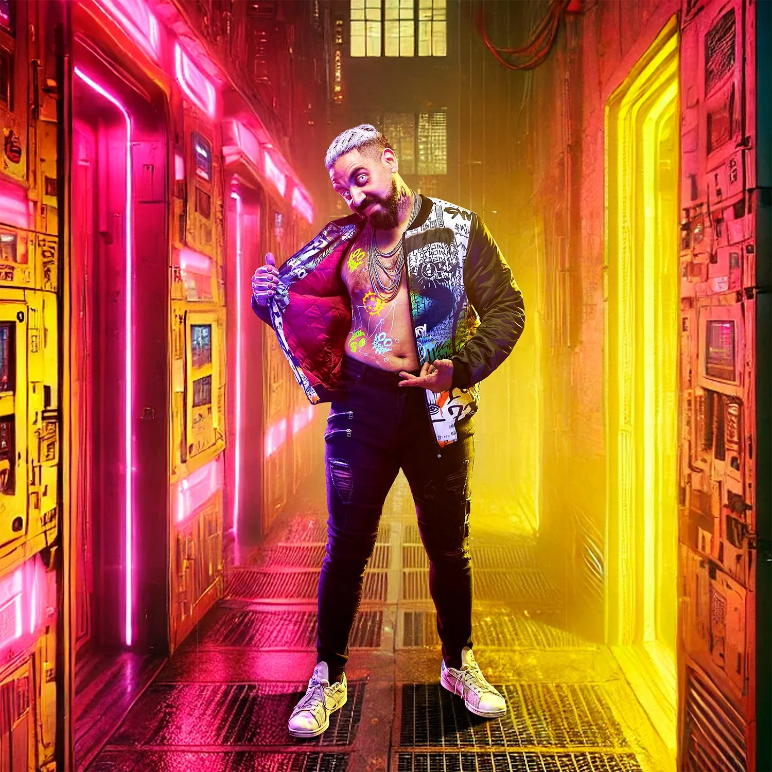 A bearded man with short hair wearing a graffiti-covered jacket, black distressed jeans, and white sneakers, standing in a neon-lit alleyway. He pulls open his jacket to reveal his chest and stomach, and is making a playful gesture with his right han