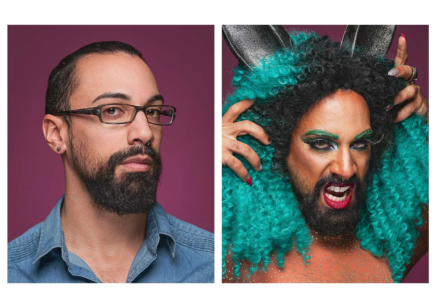 Comparison of two individuals, one with a serious expression, wearing glasses, and the other with an expressive and fierce pose, dressed in vibrant, colorful fashion with curly teal hair, dramatic makeup, and accessories.