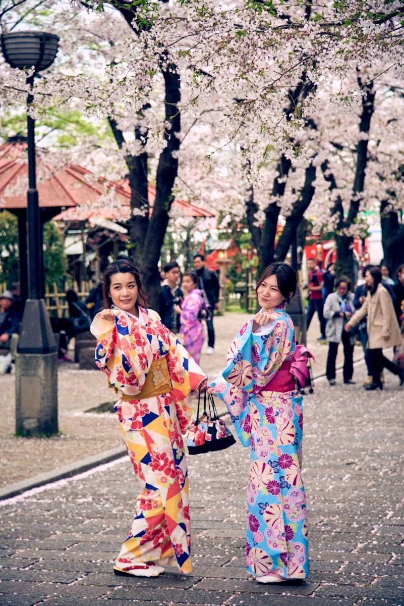 Two women wearing colorful kimonos standing under cherry blossom trees in a park during spring, with other people and cherry blossoms in the background.