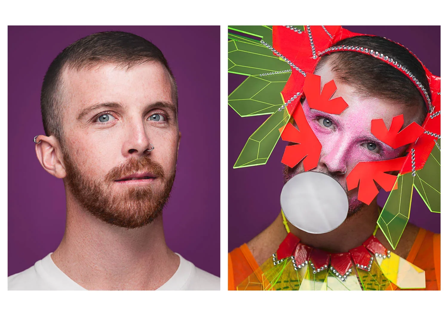 A side-by-side comparison of two portraits of the same man. The left shows a man with short brown hair, a beard, and a nose piercing, wearing a white shirt against a purple background. The right shows the same man with colorful makeup, red paper deco