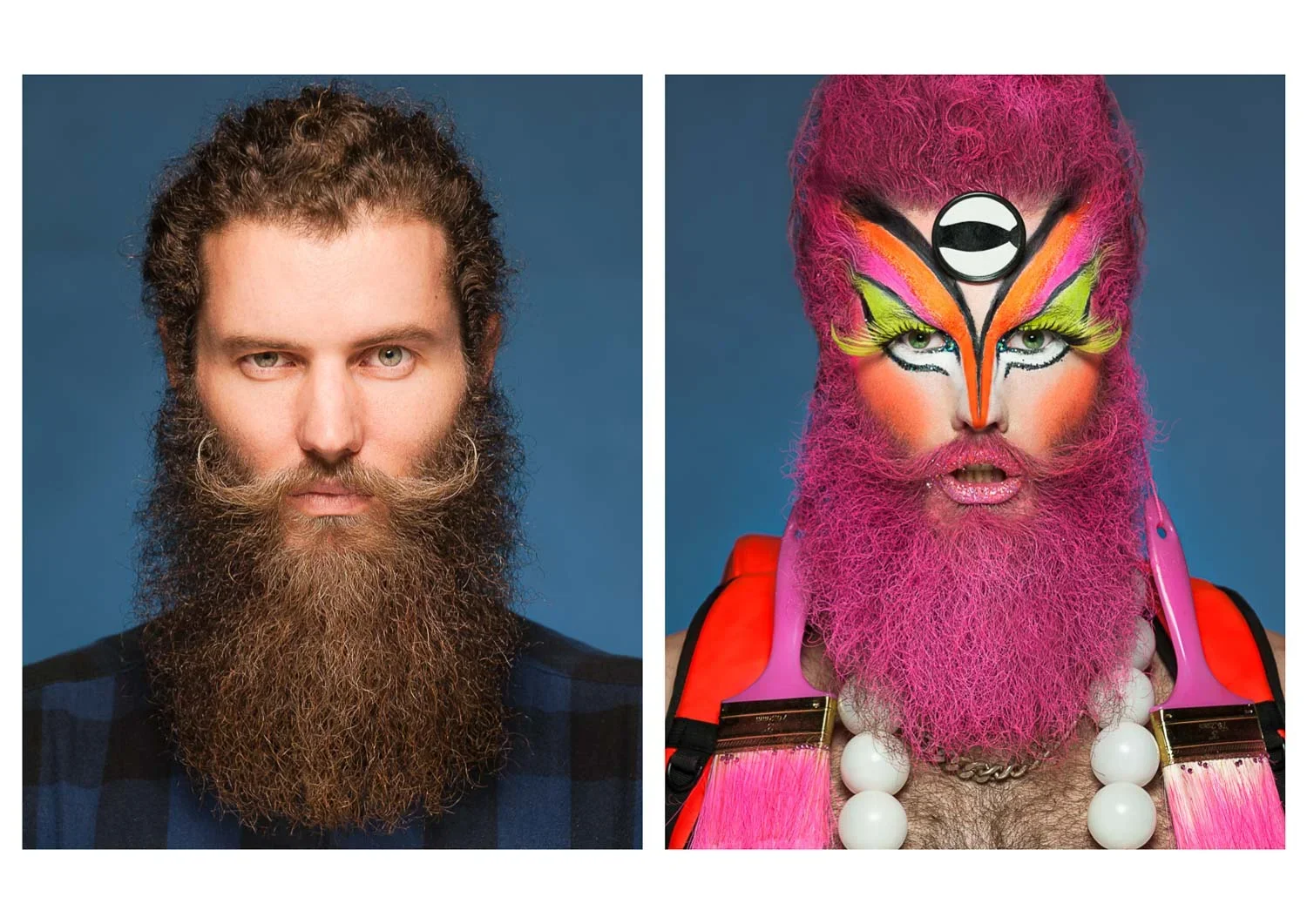 Comparison of two portrait photos. The left photo shows a man with a full, curly brown beard and mustache, short curly hair, and wearing a plaid shirt against a plain background. The right photo features a person with vibrant, neon pink hair and bear