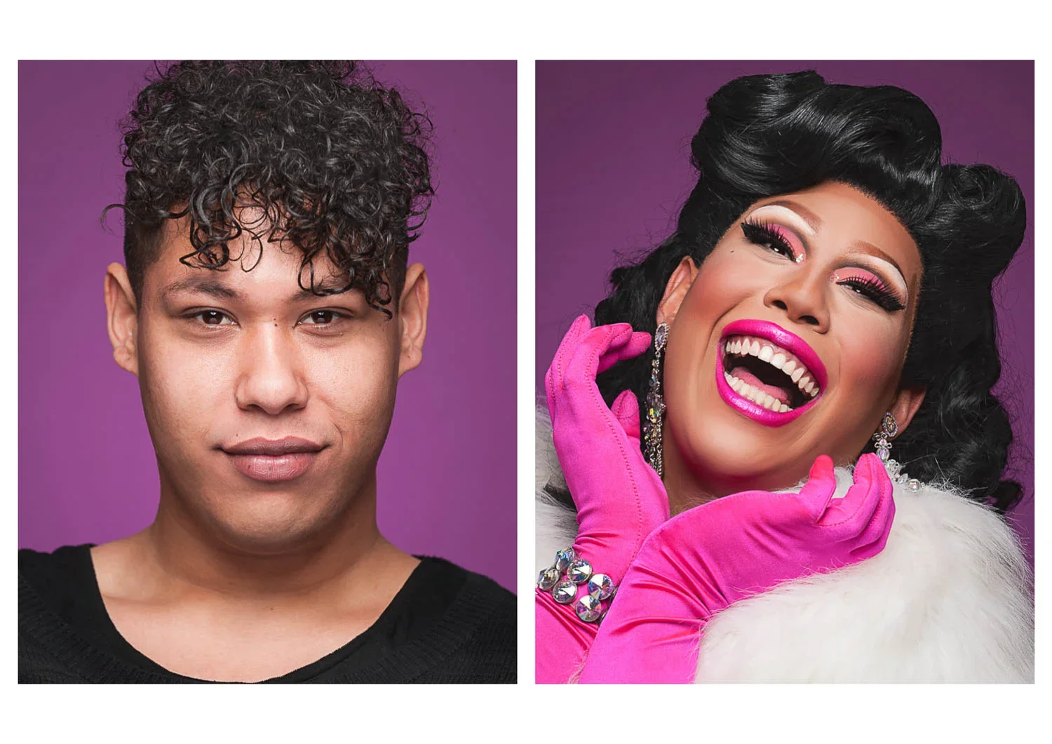 Side-by-side portraits of a young man with curly hair and a woman with glamorous makeup, large earrings, pink gloves, and a white fur stole, both against purple backgrounds.