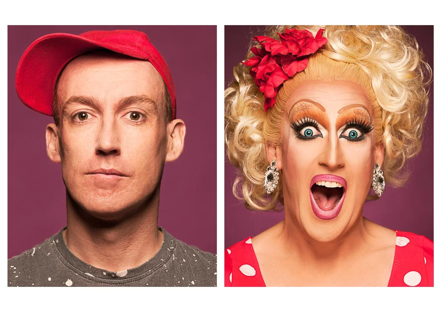 Side-by-side portraits of two individuals with expressive makeup and clothing; the person on the left is a male with a neutral expression wearing a red cap and gray shirt, while the person on the right is a female with an exaggerated surprised or sho