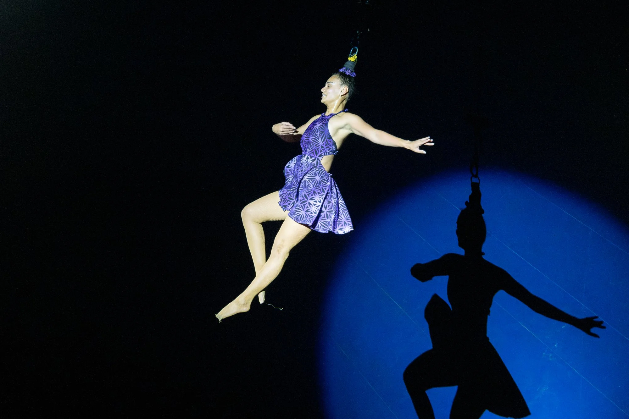 A female acrobat in purple patterned costume performing a handstand on a tightrope, illuminated by stage lights with a dark background.