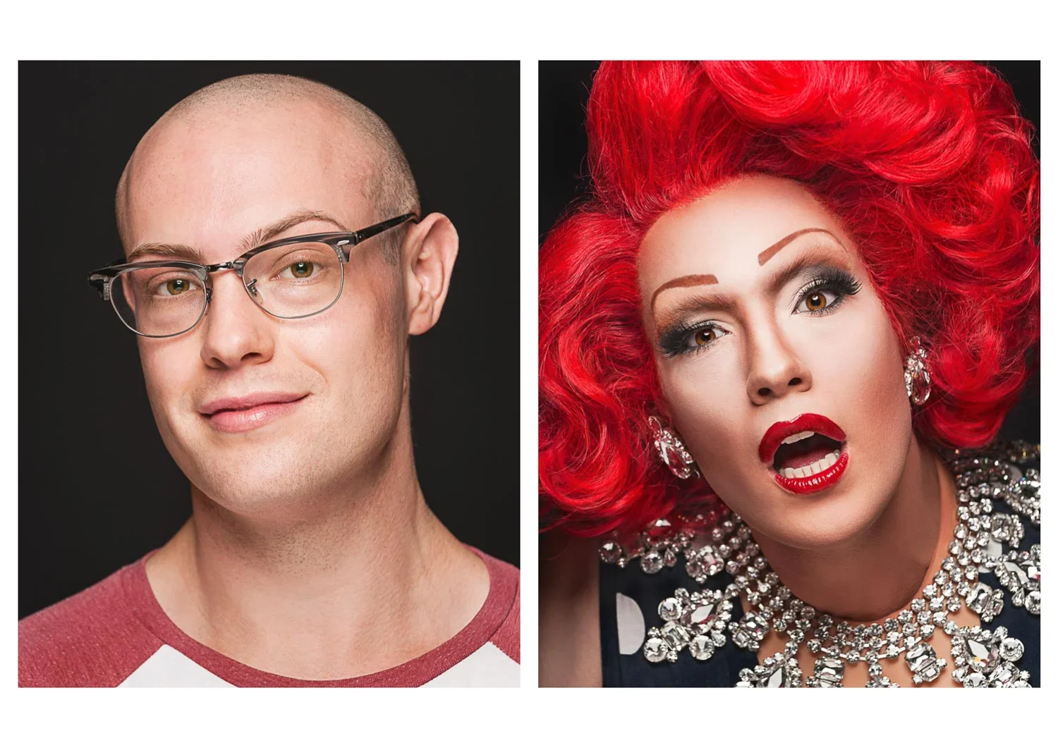 A split-screen image showing a man with glasses and a woman with bright red hair and glamorous makeup, wearing jewelry.
