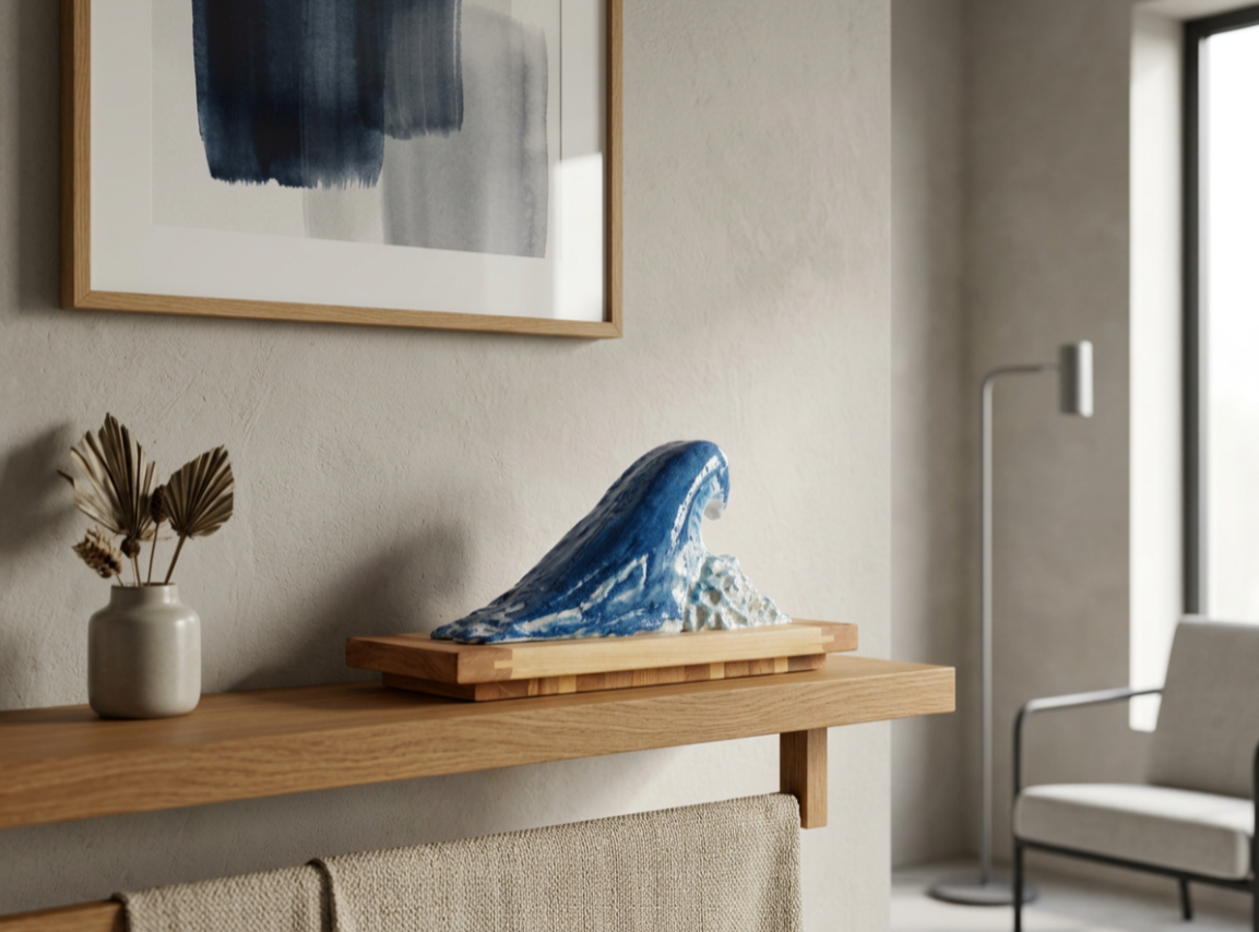 Interior of a modern room with a wooden shelf holding a ceramic vase with dried leaves and a decorative blue wave sculpture on a wooden tray, with a framed abstract painting on the wall and a gray armchair near a window.