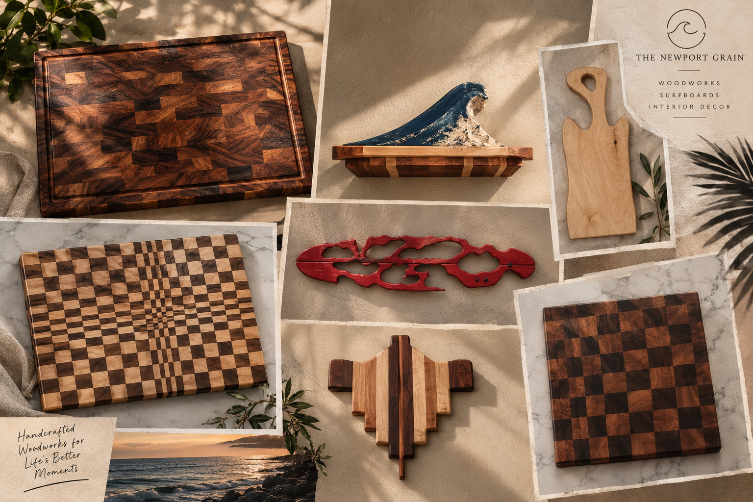 Collection of handcrafted wooden items including cutting boards, a decorative wave sculpture, a red wooden piece with cloud designs, and a sunset photo, displayed on tiles with the branding of The Newport Grain.
