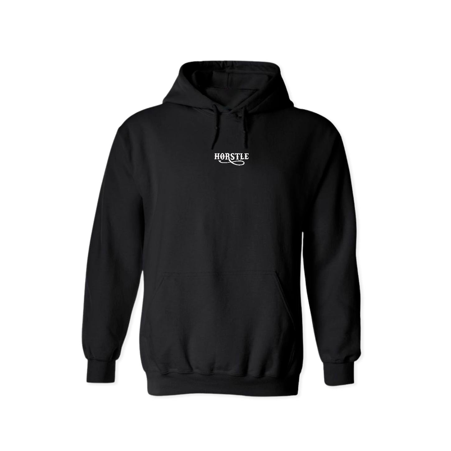 Hoodie noir minimaliste HORSTLE avec logo blanc sur la poitrine sweat à capuche western moderne vêtement outdoor lifestyle