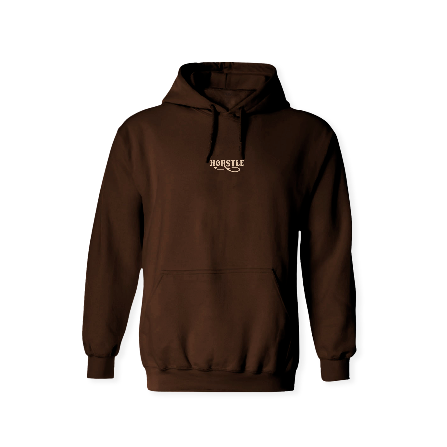 Hoodie brun chocolat HORSTLE avec logo beige sur la poitrine sweat à capuche minimaliste style western moderne vêtement lifestyle outdoor
