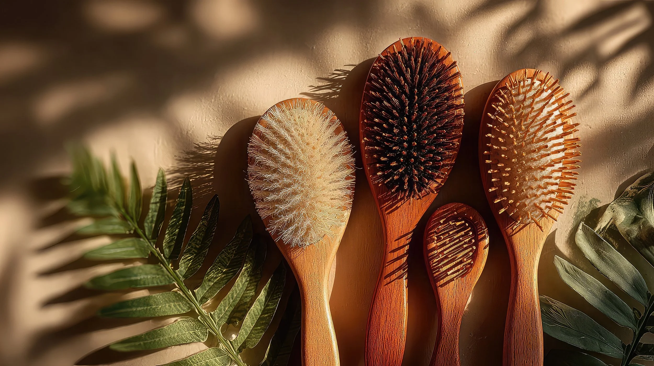 Four wooden hairbrushes with different textures on a beige surface, surrounded by green leaves, with shadows cast on the surface.