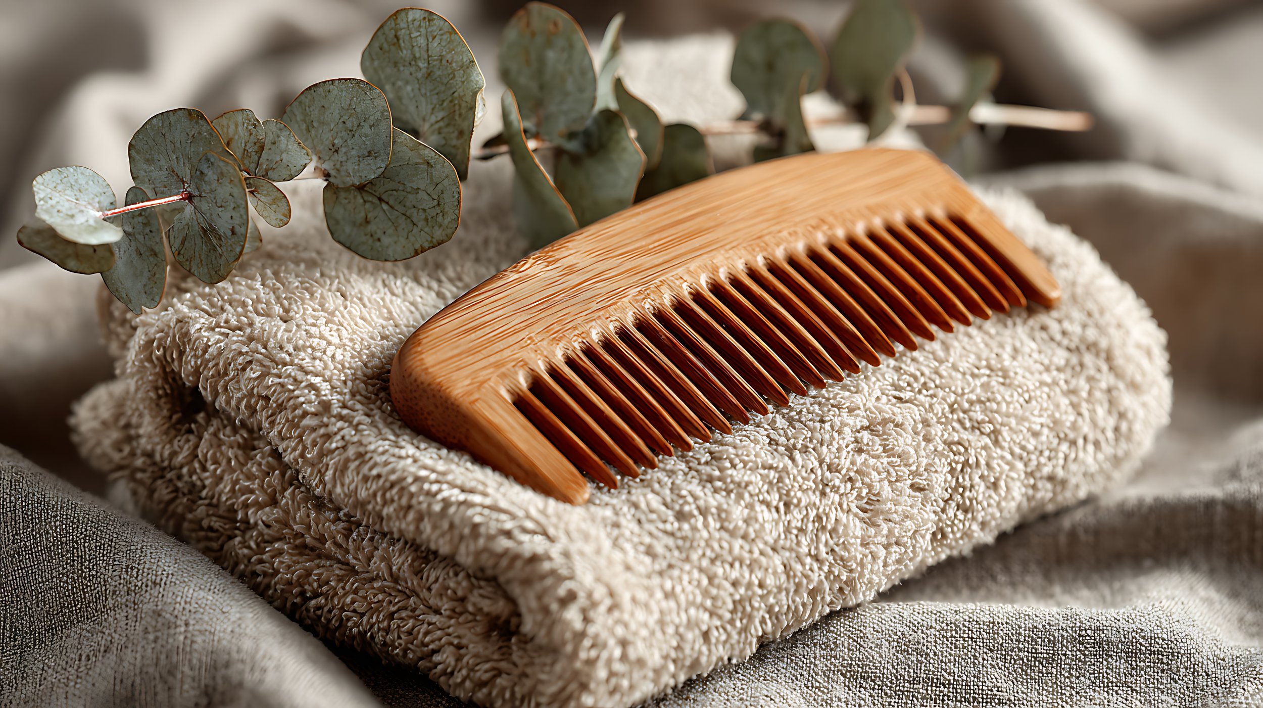 A wooden comb resting on a beige textured towel, with eucalyptus leaves nearby, on a soft fabric surface.