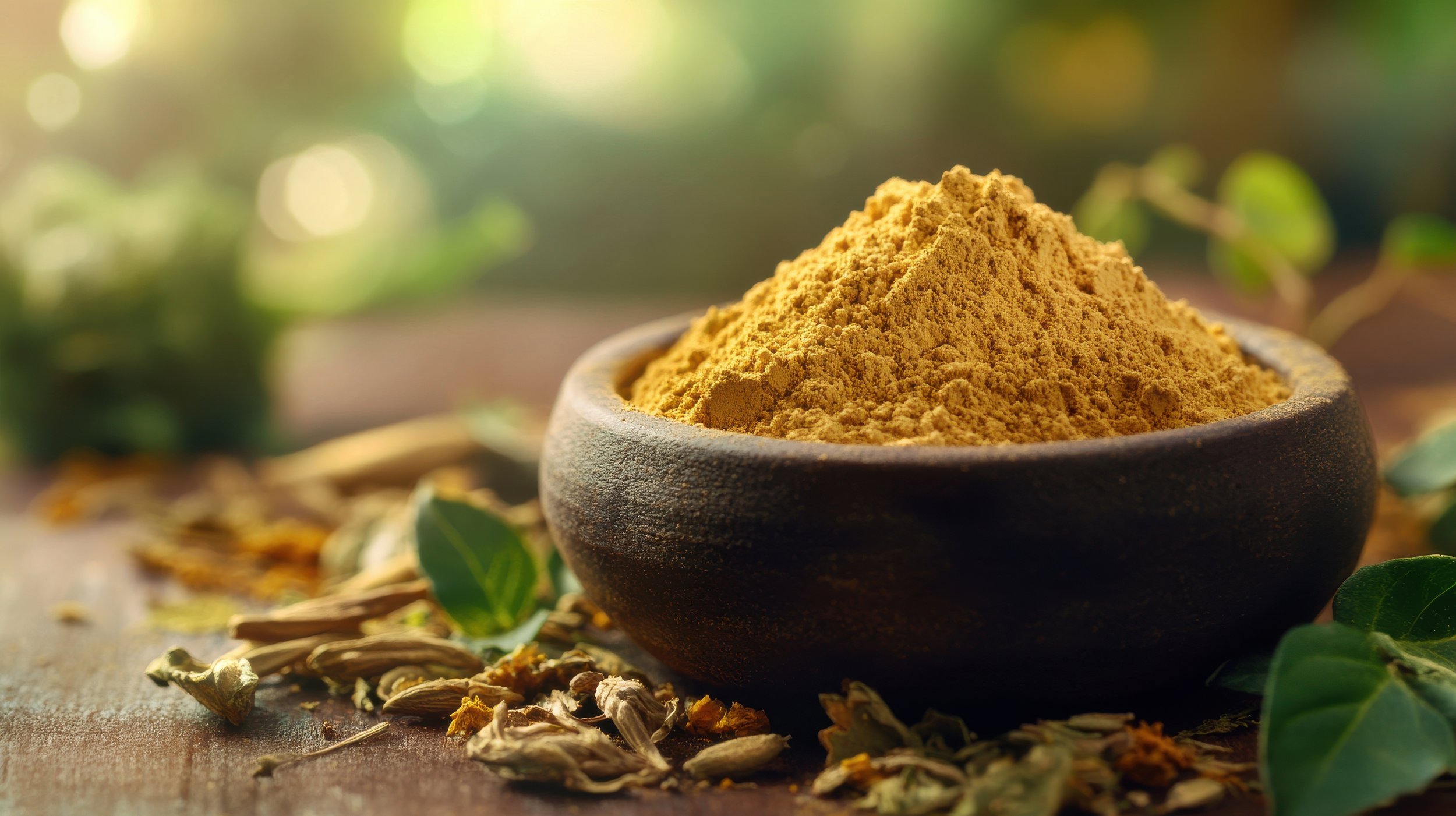 A dark wooden bowl filled with ground turmeric powder, surrounded by dried turmeric roots and green leaves on a rustic wooden surface, with sunlight creating a warm bokeh background.