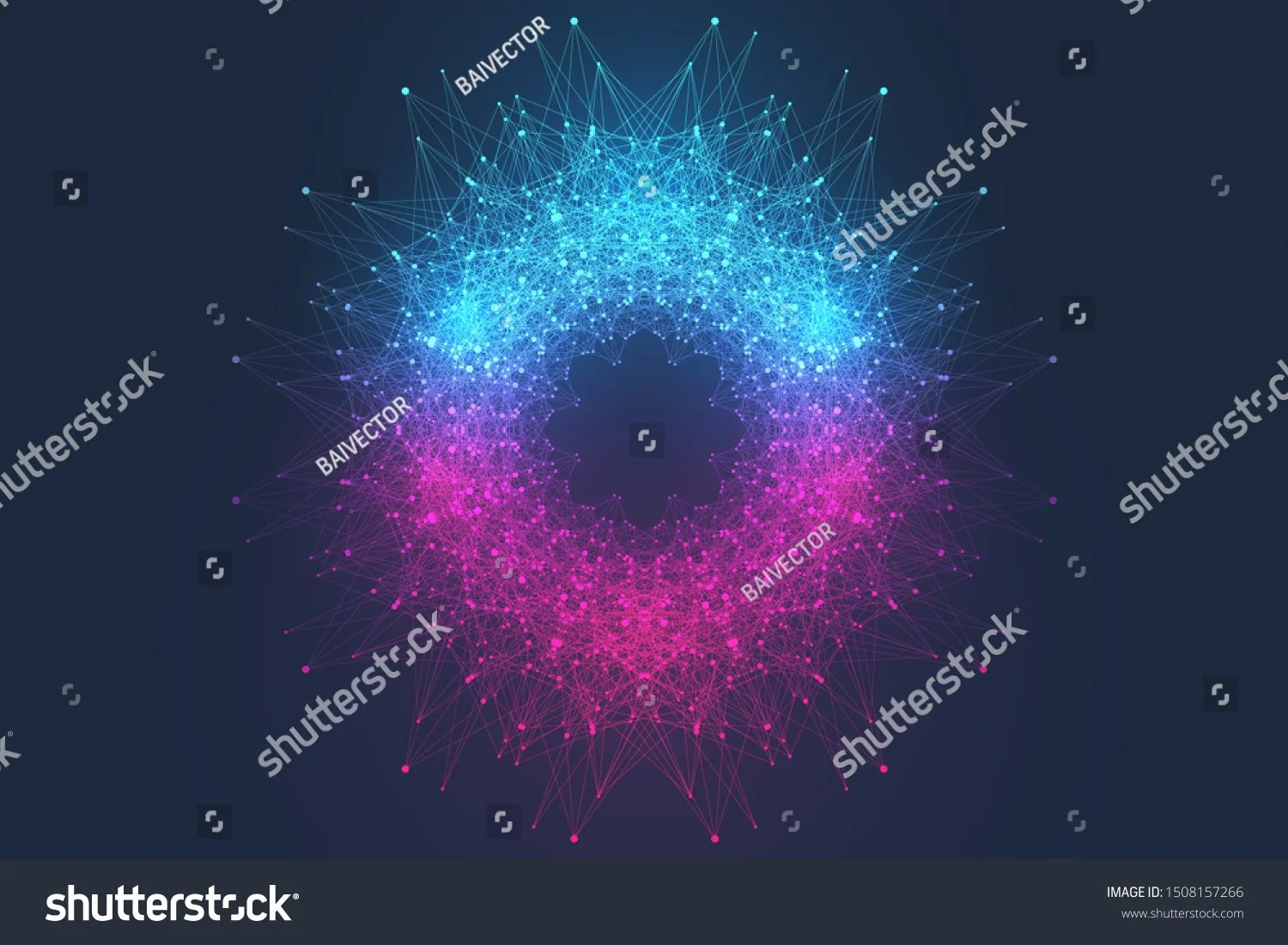 Digital illustration of a circular network of interconnected nodes in blue and pink colors, with the words 'BAVECTOR' repeated multiple times across the network.