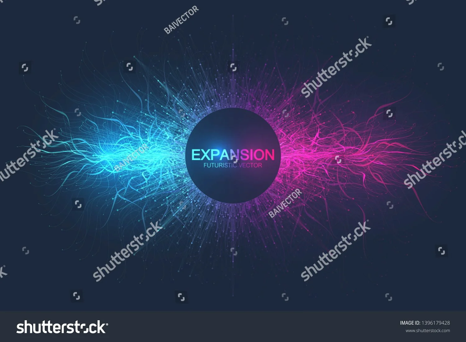 Abstract digital illustration of blue and pink energy streams converging on a circle with the words "EXPANSION" and "FUTURISTIC VECTOR" in the center.
