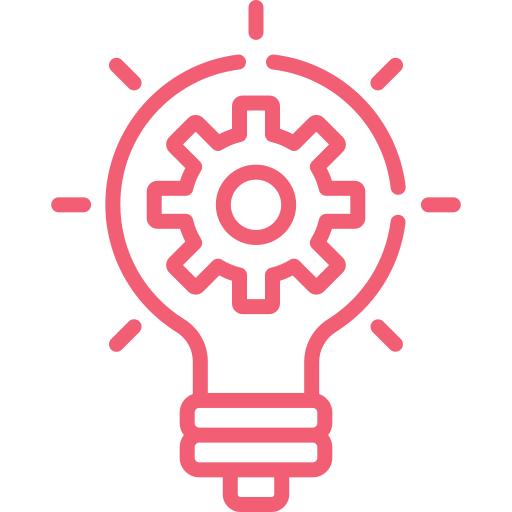 Pink outline of a light bulb with a gear inside, representing ideas or innovation.